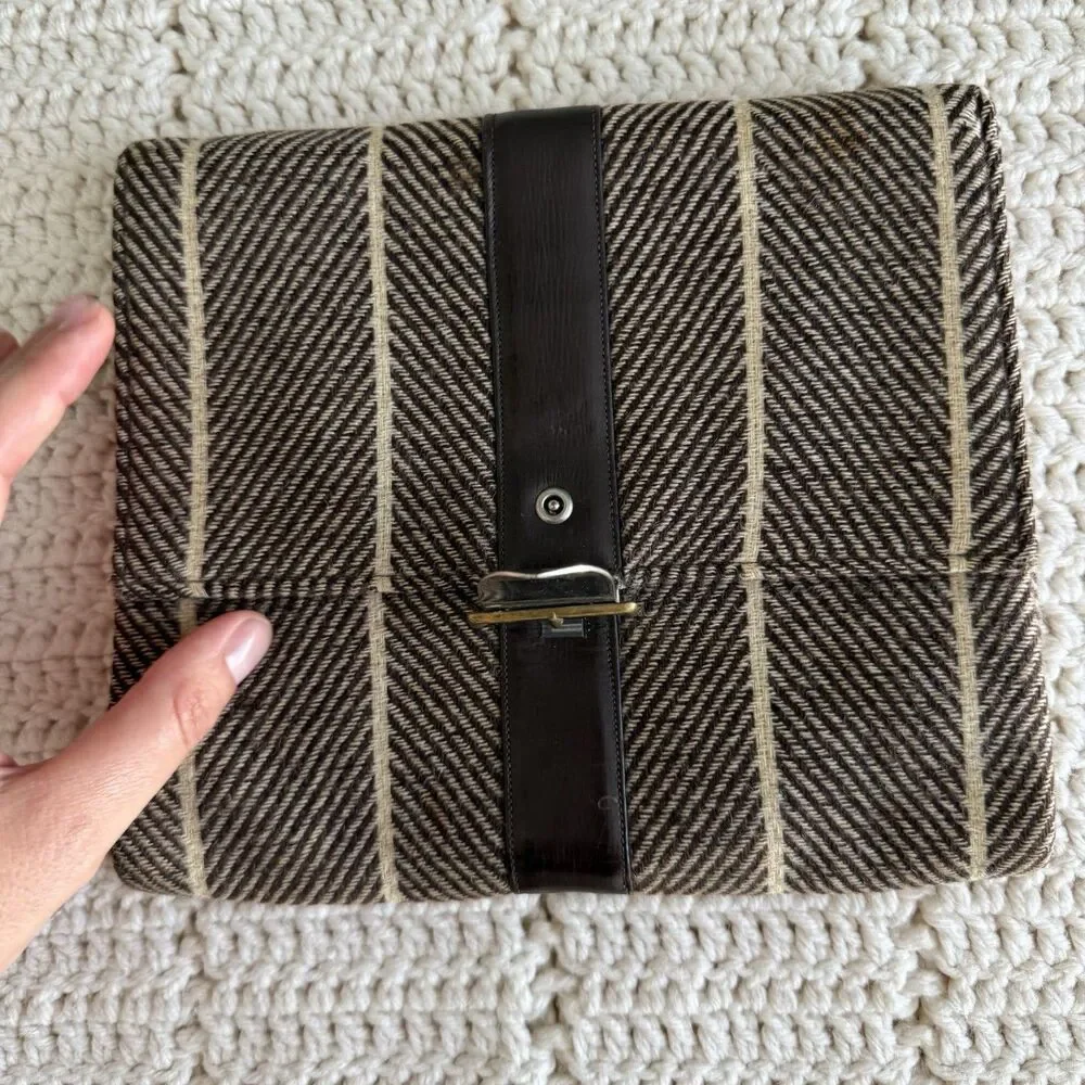 VTG Dual Pocket Clutch Purse Handbag With Brown Wool Herringbone Made In England